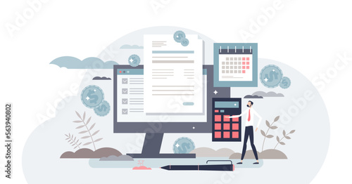 Payroll money statement and work salary payment balance tiny person concept, transparent background. Financial wage calculation and job checkout analysis illustration.
