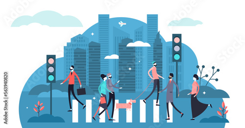 Pedestrians illustration, transparent background. Flat tiny urban road scene person concept. Crosswalk view with street lights as public path security. Metropolis outdoor cityscape.