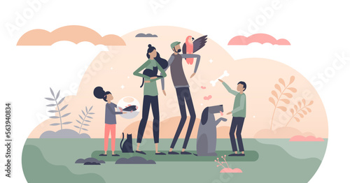 Pets domestic animals as family company to love and care tiny person concept, transparent background. Dog, cat, birds and fish as popular nature wildlife for home living illustration.