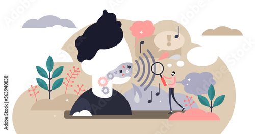 Phonetics illustration, transparent background. Flat tiny linguistic sounds person concept. Abstract articulatory, acoustic and auditory branch study process. photo