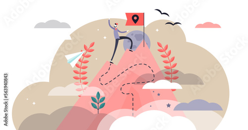 Pioneer illustration, transparent background. Flat tiny first exploration persons concept. Abstract innovation path visualization. Adventurous business strategy for new field research.
