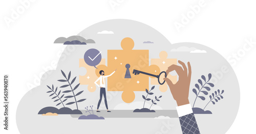 Potential achievement and open unrealized power or talent tiny person concept, transparent background. Scene with horizon expanding with unlocking key and professional ability growth illustration.