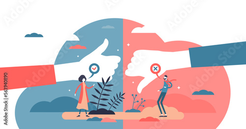 Pros and cons advantage comparison in flat tiny persons concept illustration, transparent background. Choice between positive and negative arguments for final decision.