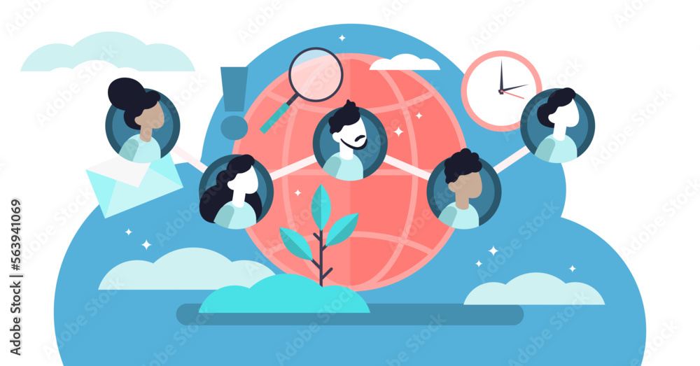 Social community illustration, transparent background. Flat tiny linked persons group concept. Communication media platform for friends, family, contacts or business connection. - obrazy, fototapety, plakaty 