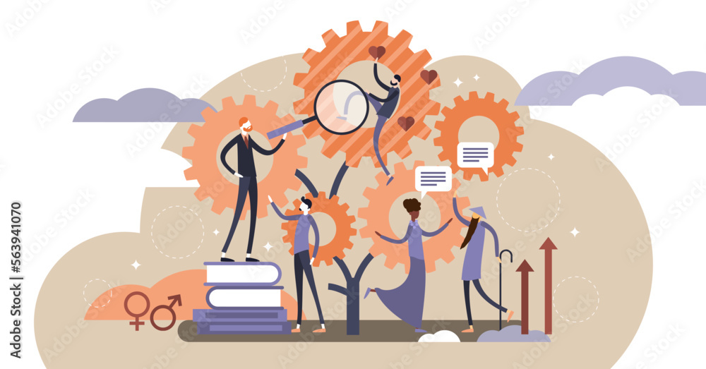 Sociology illustration, transparent background. Flat tiny research ethnical persons concept. Community globalization and education about people group diversity, culture.