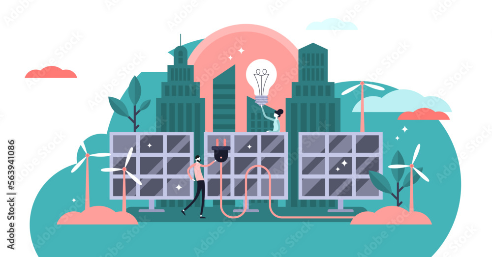 Solar energy illustration, transparent background.Flat tiny sustainable alternative energy persons concept.Renewable electricity power with sun panels and wind turbine.