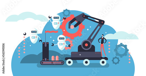 Robotics illustration, transparent background. Flat tiny person concept with future robots. Industry 4.0 - factory job automation.