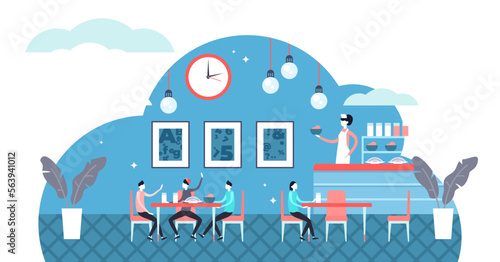 School cafe illustration, transparent background. Flat tiny pupil dinner food person concept. Classical canteen with cook, waiter and children. Kitchen inside education institution.