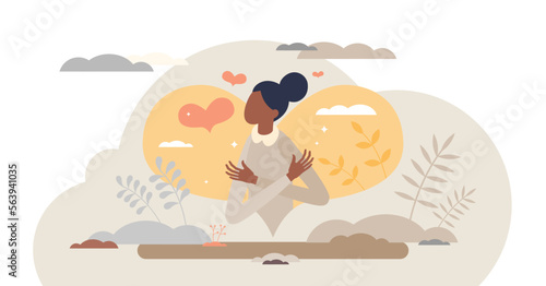 Self love confidence as hug yourself and be proud female tiny person concept, transparent background. Inner mental acceptance as proud and caring woman illustration.