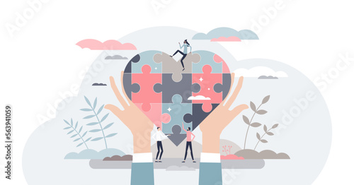 Social care with jigsaw pieces heart as charity and help tiny person concept, transparent background. Elder and poor support with donations assistance and kindness illustration.