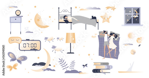 Sleep set with bedroom and sweet dreams elements collection tiny persons concept, transparent background. Isolated night resting objects illustration. Bed with comfy blanket and pillows.