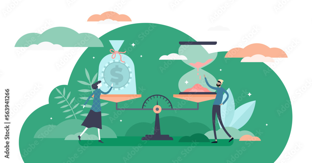 Time and money value concept, flat tiny person illustration ...
