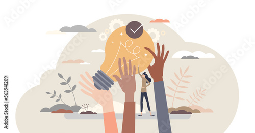 Teamwork innovation as group idea and collaboration tiny person concept, transparent background. Creative project brainstorming and partnership cooperation illustration.