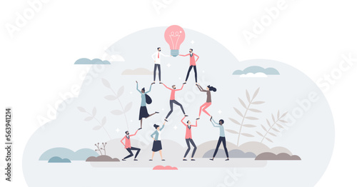 Teamwork success as team pyramid to innovative results tiny person concept, transparent background.