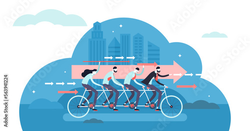 Teamwork motivated cooperation power concept, flat tiny persons illustration, transparent background. Determined businessman riding tandem bike.
