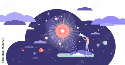 Big bang theory exploration flat tiny person concept illustration, transparent background.Looking in telescope to the history of universe.Science facts and knowledge data.
