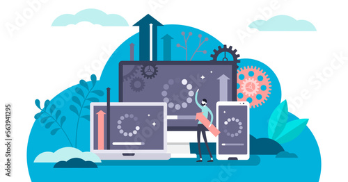 Update and upgrade software flat tiny person concept illustration, transparent background. Multiple cross platform sync process with laptop, PC and mobile app screens.