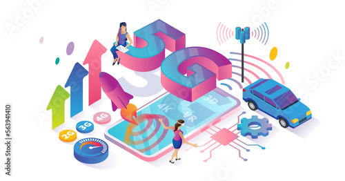 5G speed isometric cyberspace and tiny persons concept illustration, transparent background.Smooth abstract internet generations velocity comparison and usage collection.