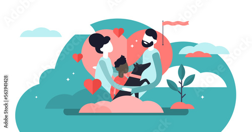 Adoption illustration, transparent background. Flat tiny custody parenting person concept. Abstract adult guardianship process to support pet or kids.