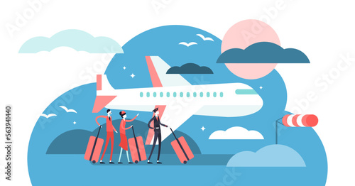Airline illustration, transparent background. Flat tiny sky transportation persons concept. Airplane journey departure to international holiday destination. Aviator, cabin crew.
