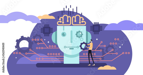 Artificial intelligence or AI illustration, transparent background. Flat tiny IT engineer person concept with work on robot creation. Futuristic technology design on modern electronic head.