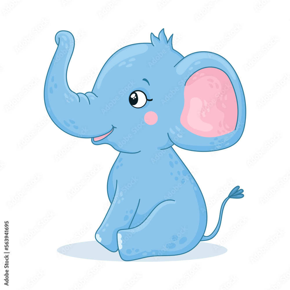 Baby elephant is sitting. Cute animal on a white background. Vector illustration in a cartoon style.