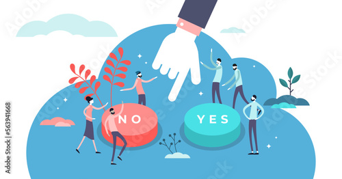 Choose illustration, transparent background.Flat tiny options choice process persons concept.Symbolic scene with yes or no answers and decision making.