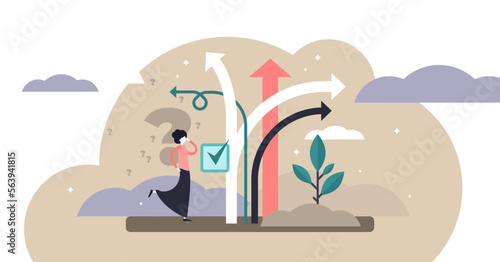 Decision making illustration, transparent background. Flat tiny choose options person concept. Career, life and question decisions process visualization.