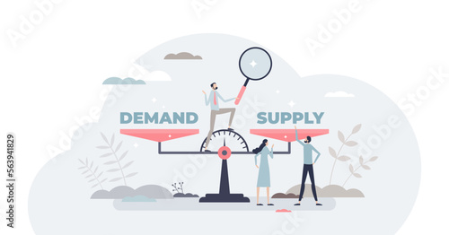 Demand supply scale balance for market sale management tiny person concept, transparent background. Strategy planning analysis for efficient and competitive business illustration.