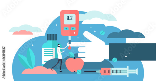 Diabetes illustration, transparent background. Flat tiny high sugar level in blood persons concept. Illness treatment with insulin injection lifestyle. Problem awareness and checking equipment.