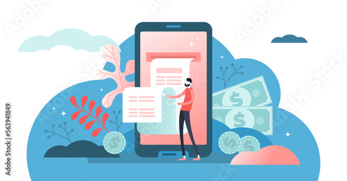 Digital bill illustration, transparent background. Flat tiny phone wallet persons concept. Modern electronic financial payment method. Abstract bank transaction service.