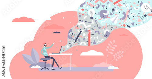 Digital creativity illustration, transparent background. Visual art flat tiny persons concept. Modern freelancer media content production with pictures, movies, marketing and advertising work.