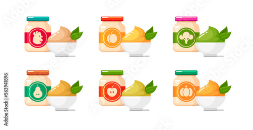 Baby food jars icons. White bowls with apple, peach, pear, pumpkin, broccoli puree, chicken pate. Set of vector colorful flat illustrations of healthy nutrition for infants in container with label