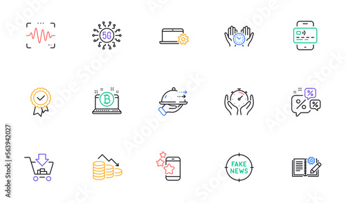 Notebook service, Safe time and Food delivery line icons for website, printing. Collection of Tested stamp, Engineering documentation, Best app icons. 5g technology, Bitcoin. Vector