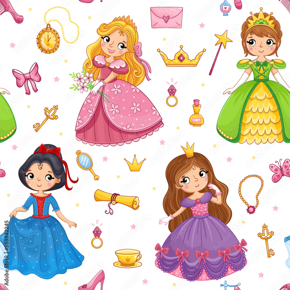 Cartoon seamless pattern with hand drawn cute little princess girl and ...
