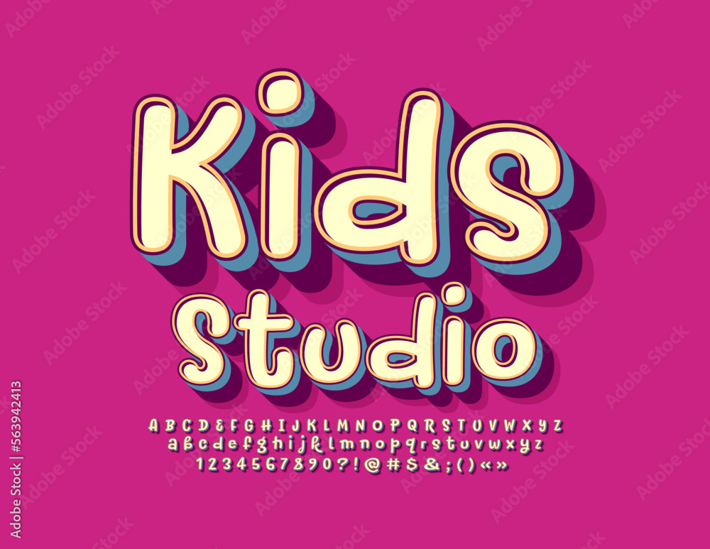 Vector creative sign Kids Studio with decorative Font. Handwritten set of Alphabet Letters, Numbers and Symbols set