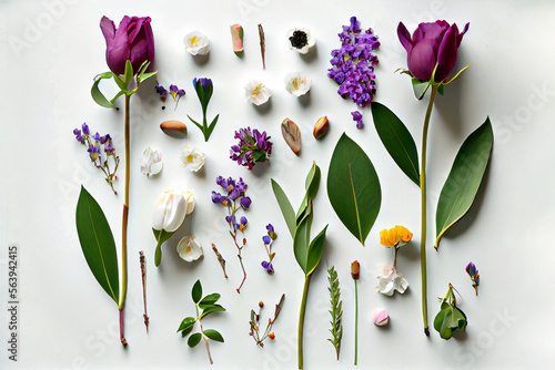 Kneeling Flowers in Spring: A Vector Illustration of Tulips, Lilacs, and Twigs on a White Background photo