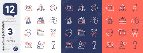 Set of Messenger, Leadership and Online question line icons. Include Water drop, Health skin, 24h service icons. Wine glass, Search, Job interview web elements. Inclusion, Circus. Vector