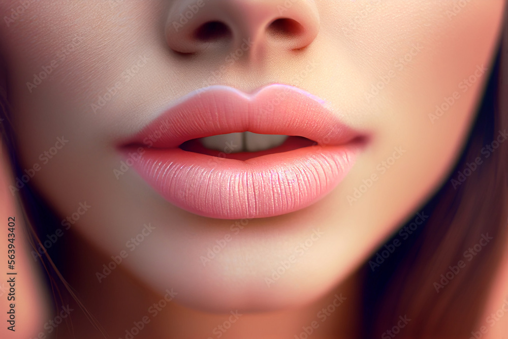 Close up of lips with pastel pink lipstick. Beautiful woman face natural make up, fashion. AI generative Close up of lips with pastel pink lipstick. Beautiful woman face natural make up, fashion. AI generative