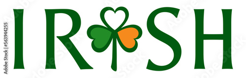 The word Irish with an Irish flag shamrock
