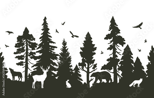 Seamless pattern with coniferous forest and animals. Vector silhouette of firs, pines, deer, hare, fox, wolf, bear and birds isolated on white background. Nature border pattern
