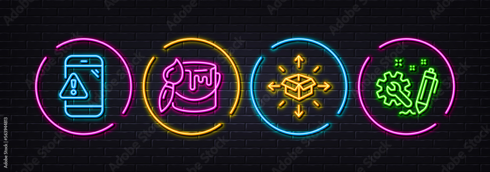 Warning message, Parcel delivery and Brush minimal line icons. Neon laser 3d lights. Engineering icons. For web, application, printing. Important notification, Logistics service, Art brush. Vector