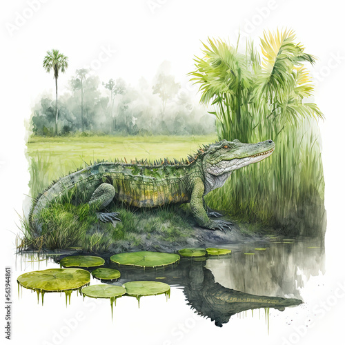 Watercolor alligator in the swamp illustration  Generative AI