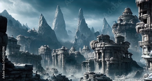A Ruined troglodyte city of white and gray stones - This Illustration is made with AI