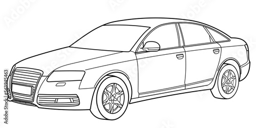 Classic luxury sedan car. Side and front 3d view shot. Outline doodle vector illustration. Design for print, coloring book