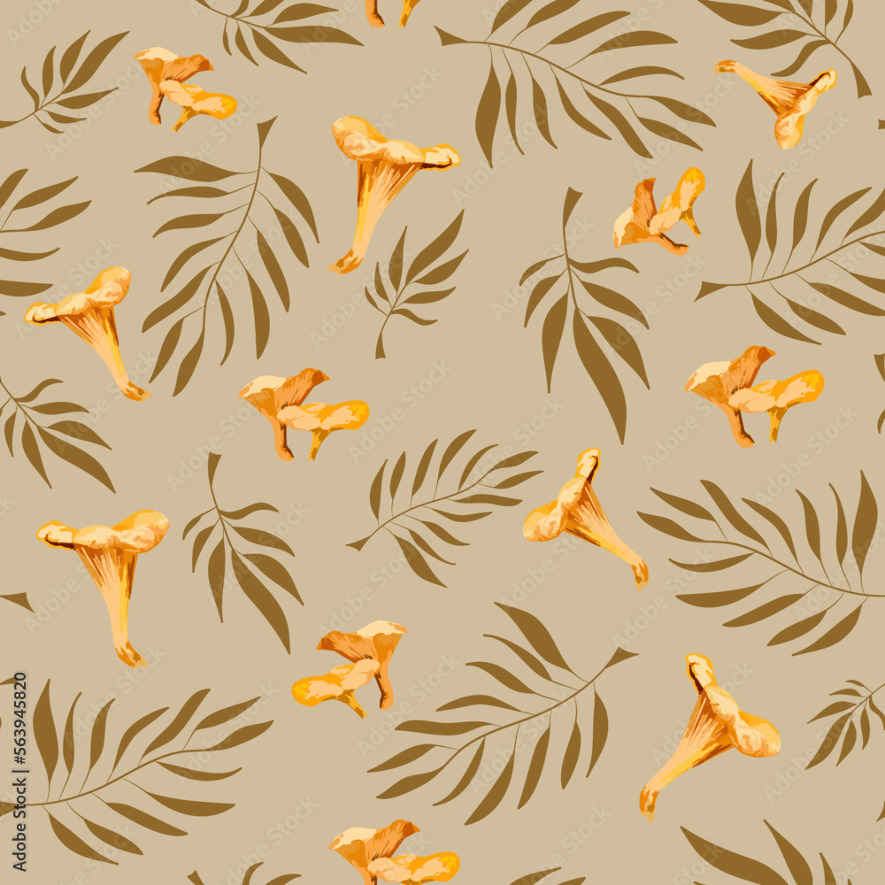 seamless pattern with autumn leaves. Poisonous and edible mushrooms, isolated vector illustration. Forest wild mushrooms types. Pattern seamless pattern with autumn leaves. Poisonous and edible mushrooms, isolated vector illustration. Forest wild mushrooms types. Pattern