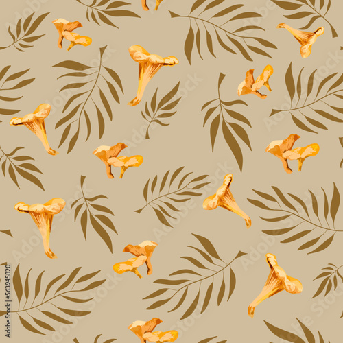 seamless pattern with autumn leaves. Poisonous and edible mushrooms, isolated vector illustration. Forest wild mushrooms types. Pattern