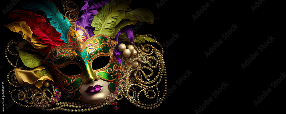 Venetian Carnival Mask and Beads Decoration. Mardi Gras Background With Copy Space Area. Generative AI