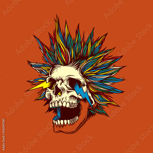 Abstract vector illustration. A crazy skull with a crazy hairstyle with sparks from the eyes. T-shirt design, stickers, print.