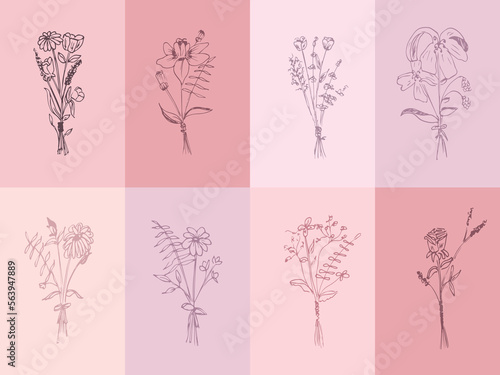 Botanical drawing. Minimal plant logo, meadow greenery, leaves and flowers abstract sketch collection, linear rustic branch. Vector hand drawn wedding invitation bouquet decoration set